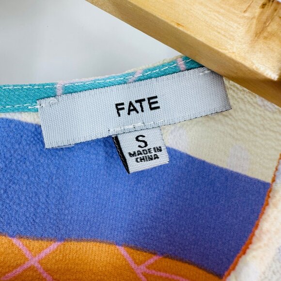 Fate Multicolor Abstract Patchwork Long Puff Sleeve Ruffle Keyhole Blouse Size S - Picture 8 of 9